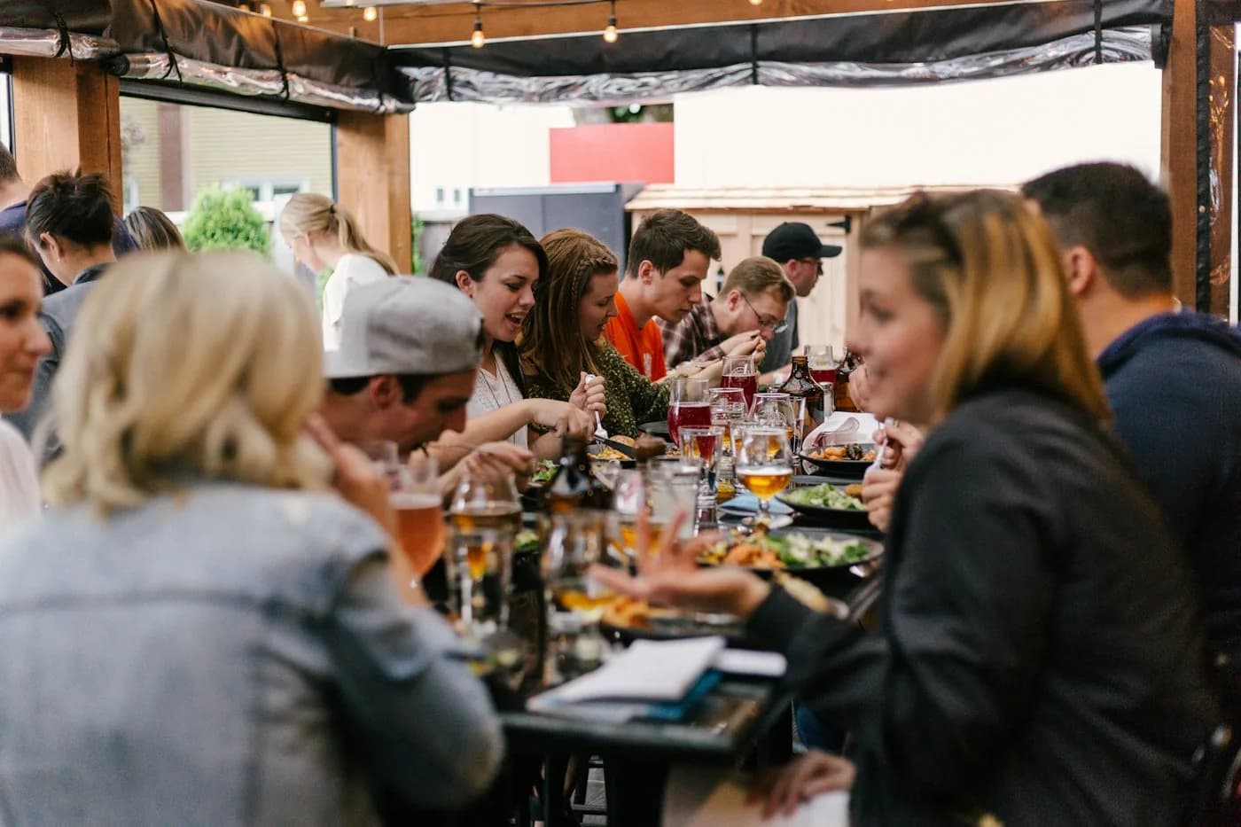 Happy diners at a restaurant table